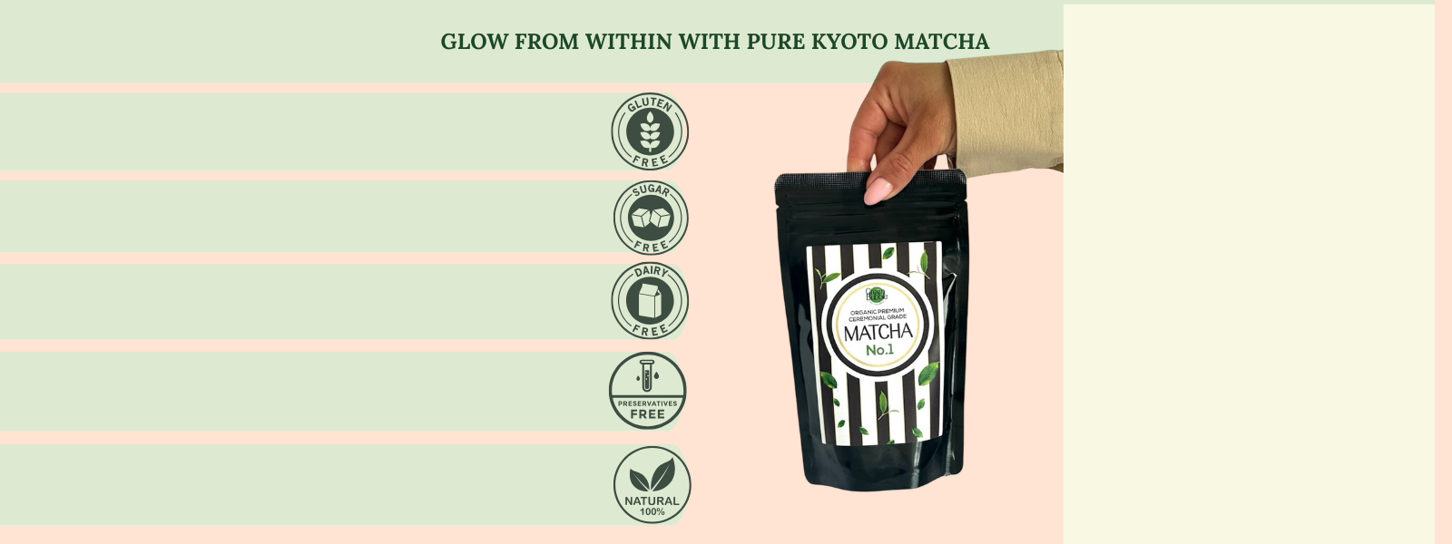 Hand holding a pouch of Green Bubble Matcha No.1 next to icons showing matcha health benefits: gluten-free, dairy-free, sugar-free, preservative-free, and 100% natural.