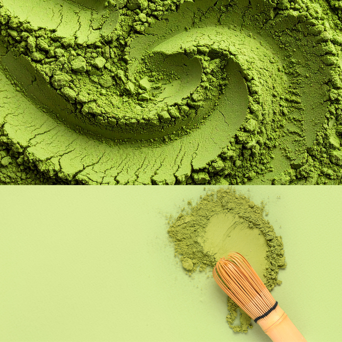 ryškia žali matcha milteliai su bambukine šluotele - šviežios matcha spalva ir tekstūra